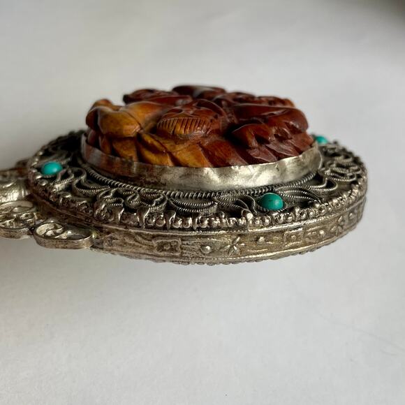 VTG Antique Carved Wood Silver Metal Round Hand Mirror Filigree Chinese Export - Picture 7 of 7